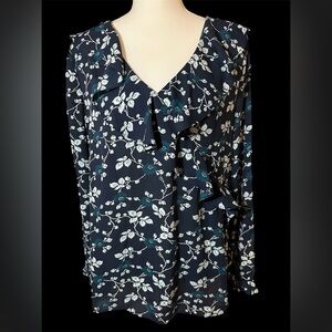 Loft Dark Blue Navy Ruffled Floral Blouse.